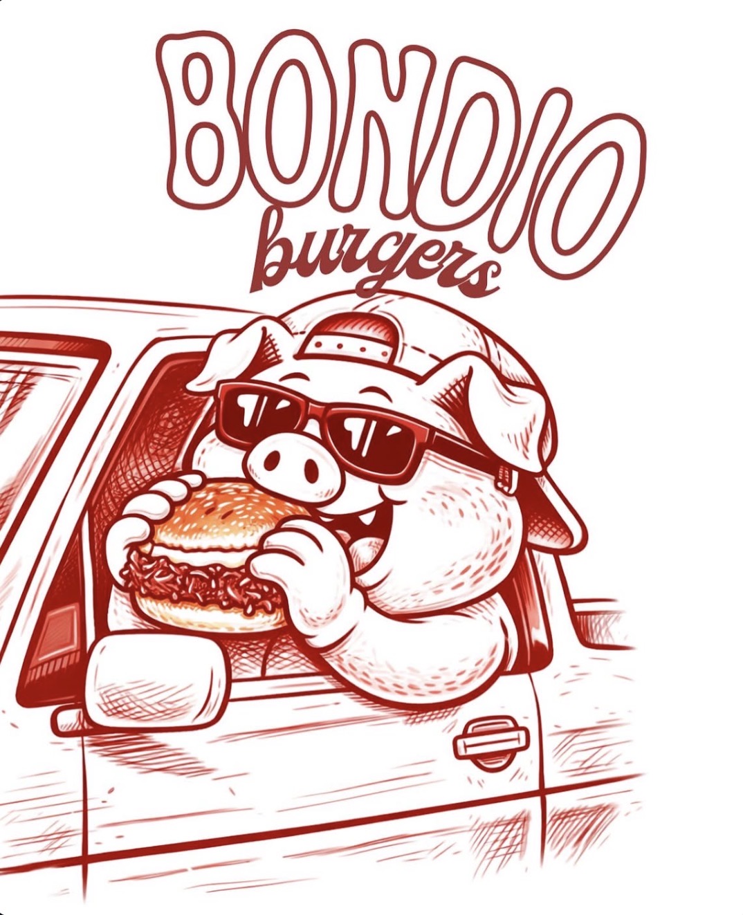 Ilustración original de Bondio Burgers: un cerdito con lentes y una hamburguesa